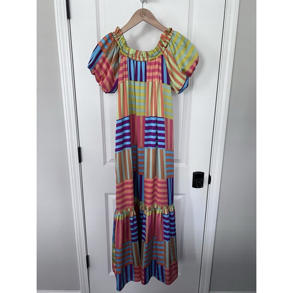 Adrienne Geometric Print Multi Color Maxi Dress Made In USA Size Small EUC